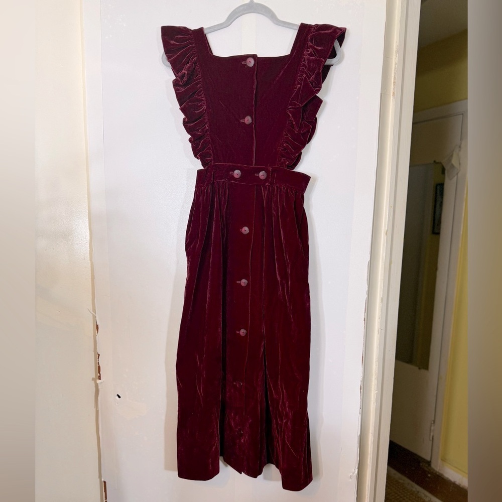 Frilly Velvet Apron‎ Pinafore Dress-Burgundy Red-XS/S - Picture 11 of 15